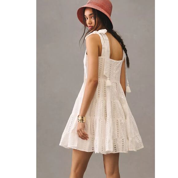 New Anthropologie Mille Shoulder-Tie Mini Dress $278 SMALL Cotton Eyelet Lace - Picture 2 of 5